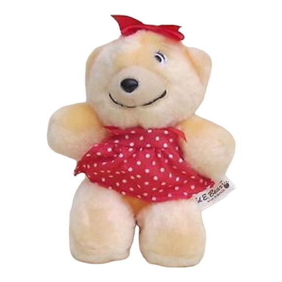 Vintage Ted E Bear and Friends Beige Plush Teddy Red Bow and Red Polka Dot Apron - Picture 1 of 10